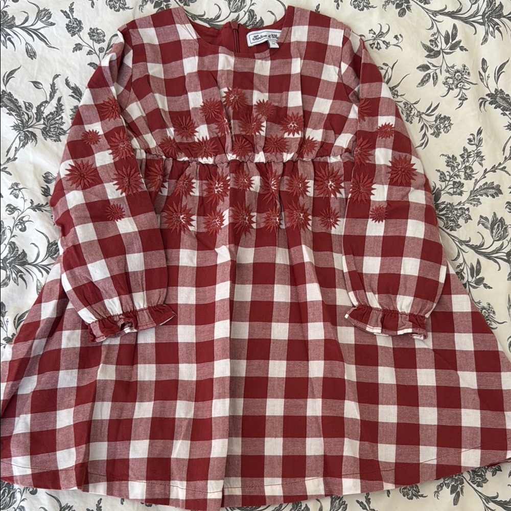 Red and White Checkered Dress with Floral Details / tartine et chocolat / 5y